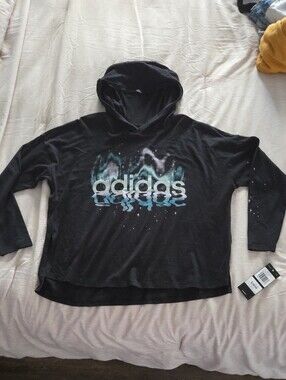 Adidas Black Hoodie with Blue-Green Graphic Logo Long Sleeve Girls M 10/12